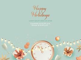 Happy Holidays Concept With Top View Of Realistic Clock, Gift Boxes, Gingerbread, Wine Glasses And Lighting Garland Decorated Background.