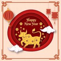 Paper Layer Cut Background with Golden Ox Zodiac Sign, Sakura Flowers, Clouds and Hanging Lanterns for Happy Chinese New Year. vector