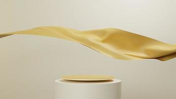 3d Rendered Elegant Podium or Pedestal in Golden Color Scheme with Floating Wavy Cloth Background photo