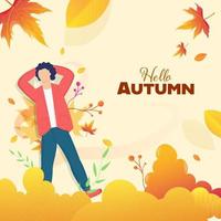 Hola otoño antecedentes con sin rostro joven chico acostado abajo a arce hojas. vector