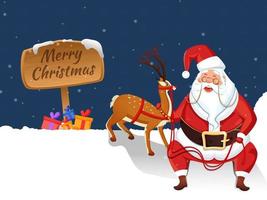 Merry Christmas Wooden Board With Cartoon Santa Claus Holding Rope Of Reindeer, Gift Boxes On Blue And White Snow Background. vector