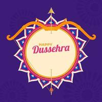 contento dussehra fuente con arco flecha en mandala marco y púrpura antecedentes. vector