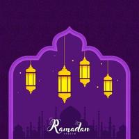 Ramadan Kareem Font with Hanging Lanterns Decorated on Mosque Purple Islamic Pattern Background. vector