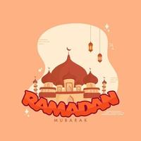 Ramadan Mubarak Font with Mosque and Hanging Lanterns Decorated on Pastel Orange Background. vector