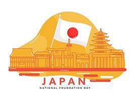 Japan Foundation Day Concept With National Flags, Line Art Japanese Famous Monuments Or Architects On Yellow And White Background. vector