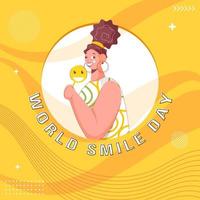 Cheerful Young Woman Holding Smiley Stick or Lollipop on Yellow Abstract Wave Background for World Smile Day. vector