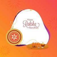 contento raksha Bandhan fuente con hermosa dorado rakhi y Adoración plato en naranja antecedentes. vector