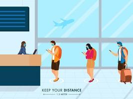 People wearing medical mask in queue maintain social distance away 1.5 meter in front of airport reception counter to prevent from Coronavirus, Covid-19. vector