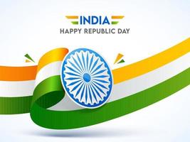 India Happy Republic Day Poster Design With Wavy Tricolor Ribbon And Ashoka Wheel On White Background. vector