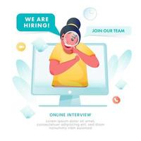 Cartoon Woman Searching Candidates In Computer And Saying We Are Hiring, Online Interview To Join Our Team For Advertising Concept. vector