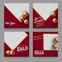 New Year Sale Posts Set With Bronze Baubles And Space For Product Image On Red Background. vector