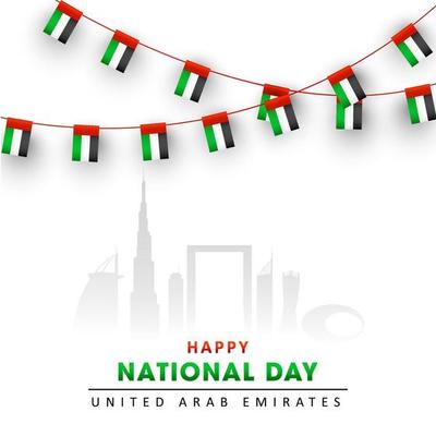 Happy National Day Celebration Poster Design With Silhouette Famous Architecture And Bunting Flags Decorated White Background.