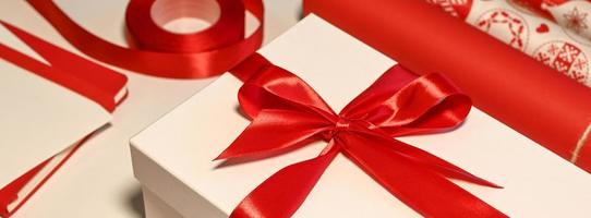 Christmas workshop concept. Wrapping gifts.Winter holidays. Ribbons,presents photo