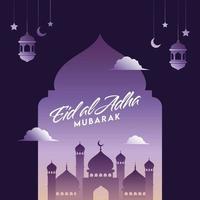 eid Alabama adha Mubarak fuente con mezquita, colgando creciente lunas, linternas y estrellas decorado en púrpura antecedentes. vector