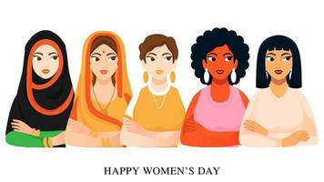 diferente religiones hembra grupo en blanco antecedentes para contento De las mujeres día celebracion concepto. vector