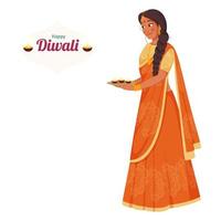 Indian Young Woman Holding Plate of Lit Oil Lamps on White Background for Happy Diwali Celebration. vector