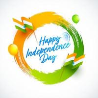 Happy Independence Day Font with Indian Wavy Flag, Glossy Balloon on Saffron and Green Brush Stroke in Circle Shape. vector