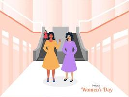 Modern Young Ladies Character On Mall Interior View For Happy Women's Day Celebration Concept. vector