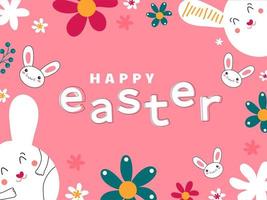 Happy Easter Text with Cartoon Bunnies Face and Flowers Decorated on Pink Background. vector