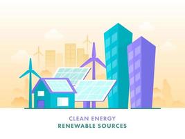 limpiar energía renovable fuentes póster diseño con ilustración de casa, solar paneles, molinos de viento y rascacielos edificios vector