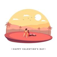 Back View of Young Lover Couple Sitting on Sun Nature Landscape Background for Happy Valentine's Day Celebration Concept. vector