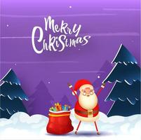 Cartoon Santa Claus Standing with Hands Up, Red Sack Full of Gift Box, Xmas Trees on Snowy and Purple Background for Merry Christmas. vector