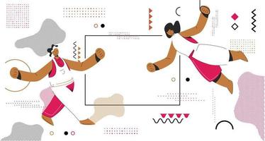 Man and woman character in different activity with abstract elements decorated on white background. Can be used as banner or poster design. vector