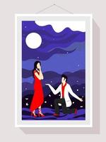 Romantic Full Moon Background with Young Boy Proposing to His Girlfriend in Rectangular Photo Frame. vector