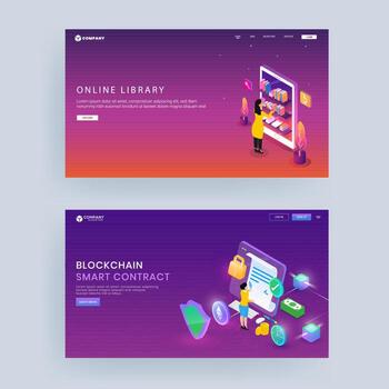 Landing Page or Hero Shot Design for Online Library, Block Chain Smart Contract Concept. vector