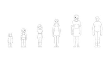 Stages of growing up of a girl, from baby to old man, vector black and white drawing