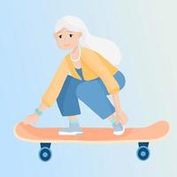 Senior silver generation woman riding a board. Grandma on a longboard. Recreational sport for grandmother. Elderly woman ride a skateboard. Vector flat cartoon illustration.