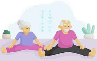 Grandmother and grandfather practicing a stretching. Elderly couple doing Side split. Active retirement, healthy lifestyle together. Active seniors doing yoga exercises. Flat vector illustration.