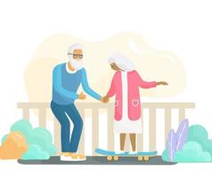 Grandparents trying riding a skateboard. Funny seniors skateboarding. Active couple of silver generation riding a longboard. Elderly grandma on a skate. Flat cartoon vector illustration