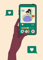 Person use Phone and watching in Social Media. Chatting, Watching Video, Liking Photos. Female Character Talking in Mobile App. Flat Cartoon Illustration. vector