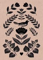 Symmetrical ornament with bird, flowers and leaves with different folk compositions. Motif in scandinavian style. Ethnic flat illustration with paper texture in black. vector