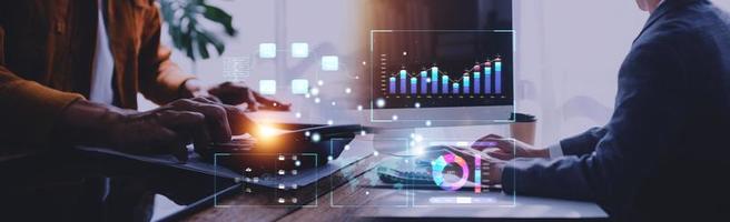 Analyst working with Business Analytics and Data Management System on computer, make a report with KPI and metrics connected to database. Corporate strategy for finance, operations, sales, marketing. photo