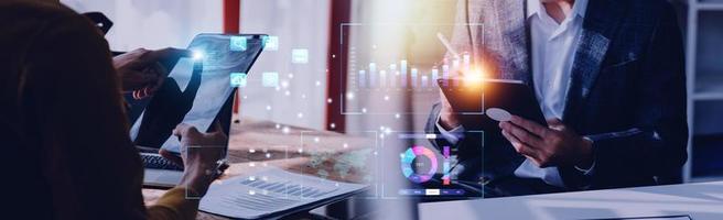 Analyst working with Business Analytics and Data Management System on computer, make a report with KPI and metrics connected to database. Corporate strategy for finance, operations, sales, marketing. photo