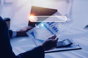 Search engine optimization, SEO, Searching Browsing Internet Data Information Networking Concept, Businessman use smartphone for find data on networking, copy space. photo