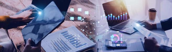 Analyst working with Business Analytics and Data Management System on computer, make a report with KPI and metrics connected to database. Corporate strategy for finance, operations, sales, marketing. photo