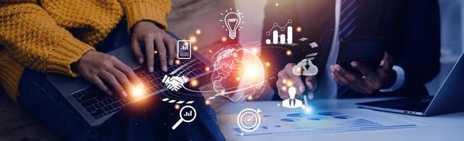 woman Hand holding virtual Global Internet connection metaverse. Business global internet connection application technology and digital marketing, Financial and banking, Digital link tech, big data. photo