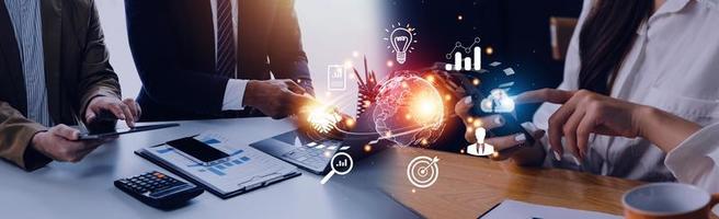 woman Hand holding virtual Global Internet connection metaverse. Business global internet connection application technology and digital marketing, Financial and banking, Digital link tech, big data. photo