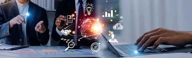 woman Hand holding virtual Global Internet connection metaverse. Business global internet connection application technology and digital marketing, Financial and banking, Digital link tech, big data. photo