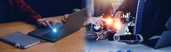 woman Hand holding virtual Global Internet connection metaverse. Business global internet connection application technology and digital marketing, Financial and banking, Digital link tech, big data. photo