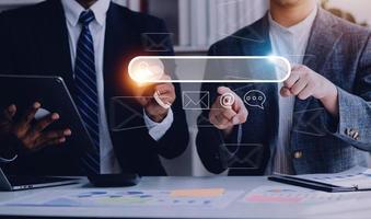 Search engine optimization, SEO, Searching Browsing Internet Data Information Networking Concept, Businessman use smartphone for find data on networking, copy space. photo