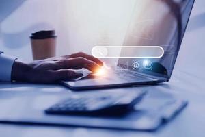 Search engine optimization, SEO, Searching Browsing Internet Data Information Networking Concept, Businessman use smartphone for find data on networking, copy space. photo