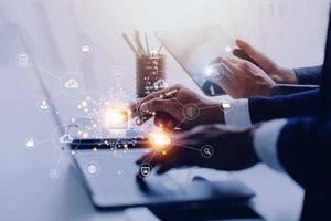Digital transformation technology strategy, IoT, internet of things. transformation of ideas and the adoption of technology in business in the digital age, enhancing global business capabilities. Ai photo