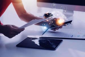 man wearing VR glasses and accessing the Technology Internet, multimedia, Storage Network connection Concept And a large database big data Through internet technology. photo