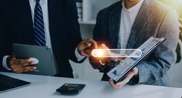 Search engine optimization, SEO, Searching Browsing Internet Data Information Networking Concept, Businessman use smartphone for find data on networking, copy space. photo