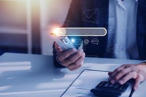 Search engine optimization, SEO, Searching Browsing Internet Data Information Networking Concept, Businessman use smartphone for find data on networking, copy space. photo