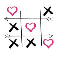 Tic tac toe doodle game with cross and circle sign, cute pink heart mark isolated on white background. . Vector illustration